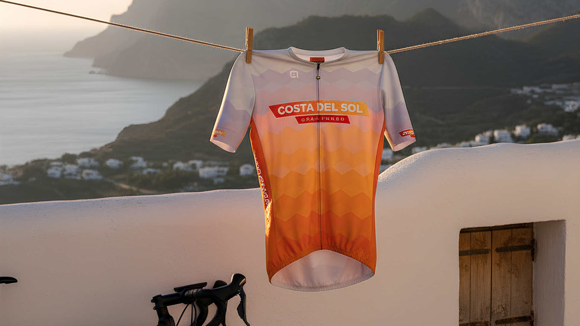 Maillot oficial de Costa del Sol Gran Fondo 2026 colgado frente al mar Mediterráneo al atardecer, inspirado en los colores del sunset de la Costa del Sol.